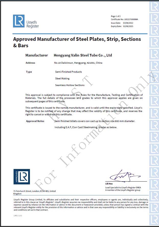 Lloyd Certificate for Billets of Carbon-Manganese & Alloy Steel Pipes