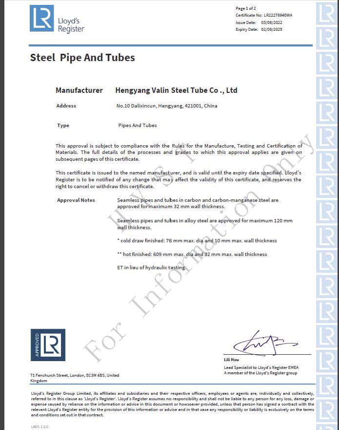 Lloyd Certificate for Carbon-Manganese & Alloy Steel Pipes