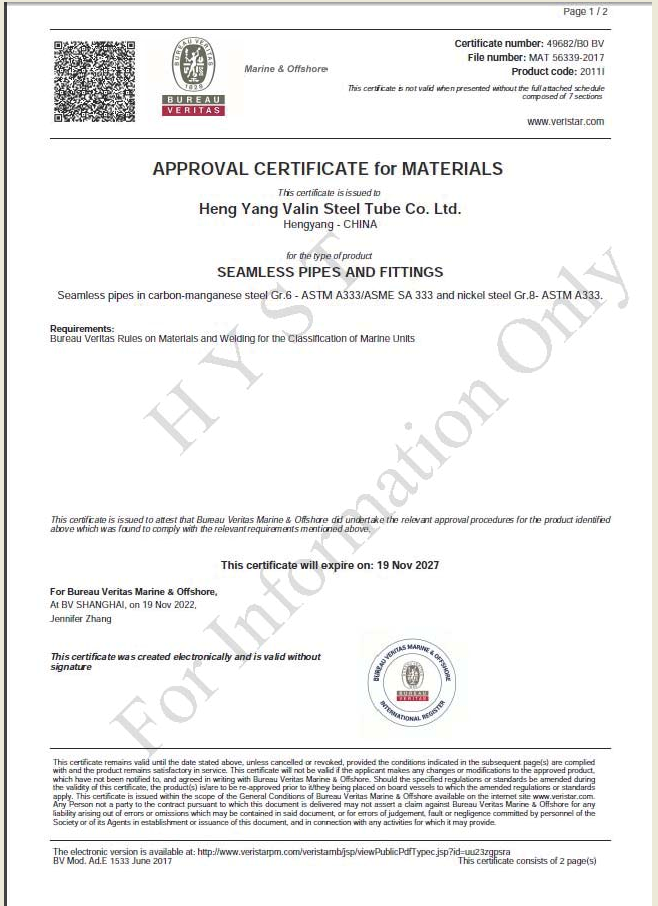 BV Certificate for Gr.6 & Gr.8 Steel Pipes