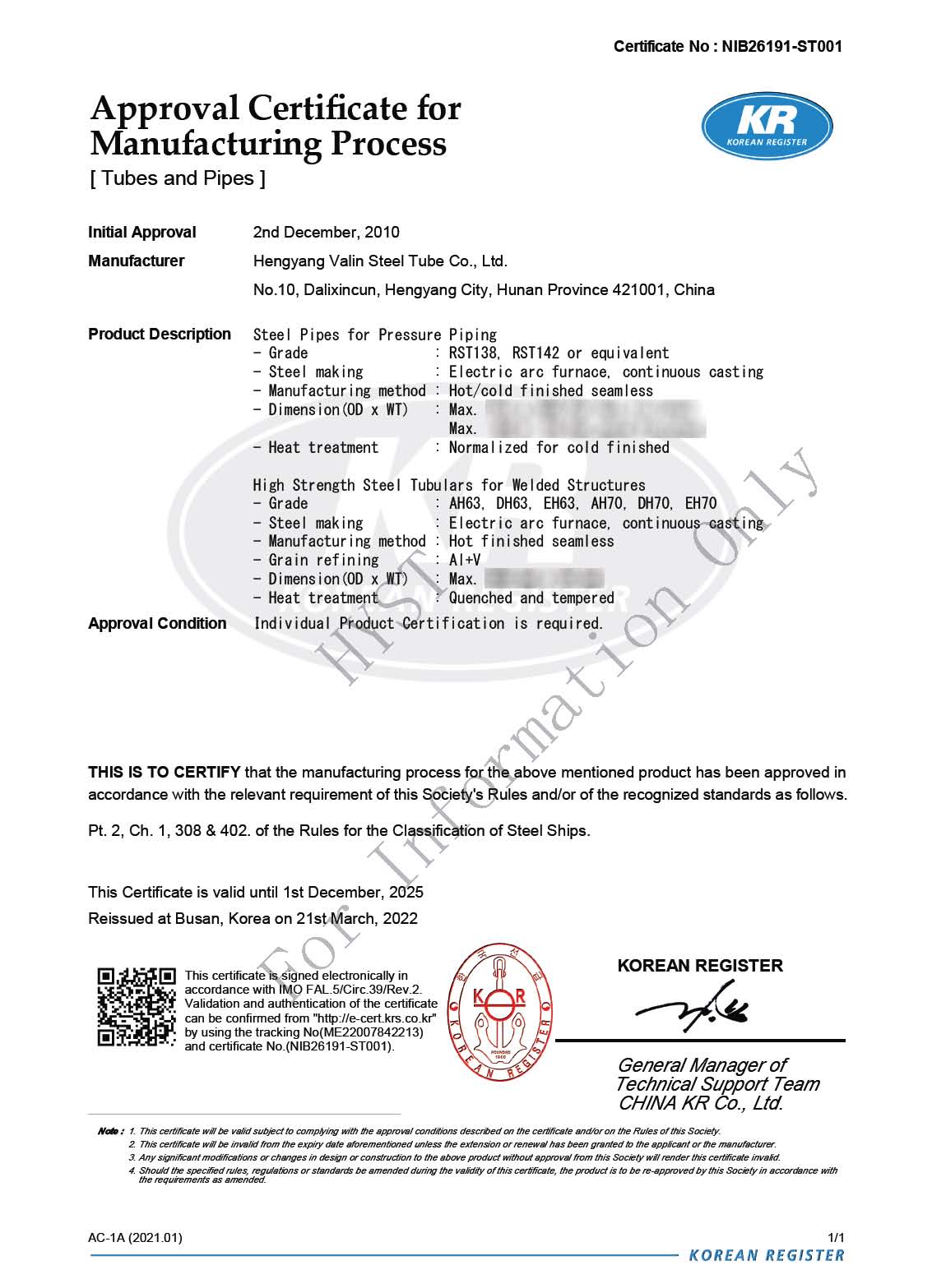 KR Certificate for Structural Steel Pipes