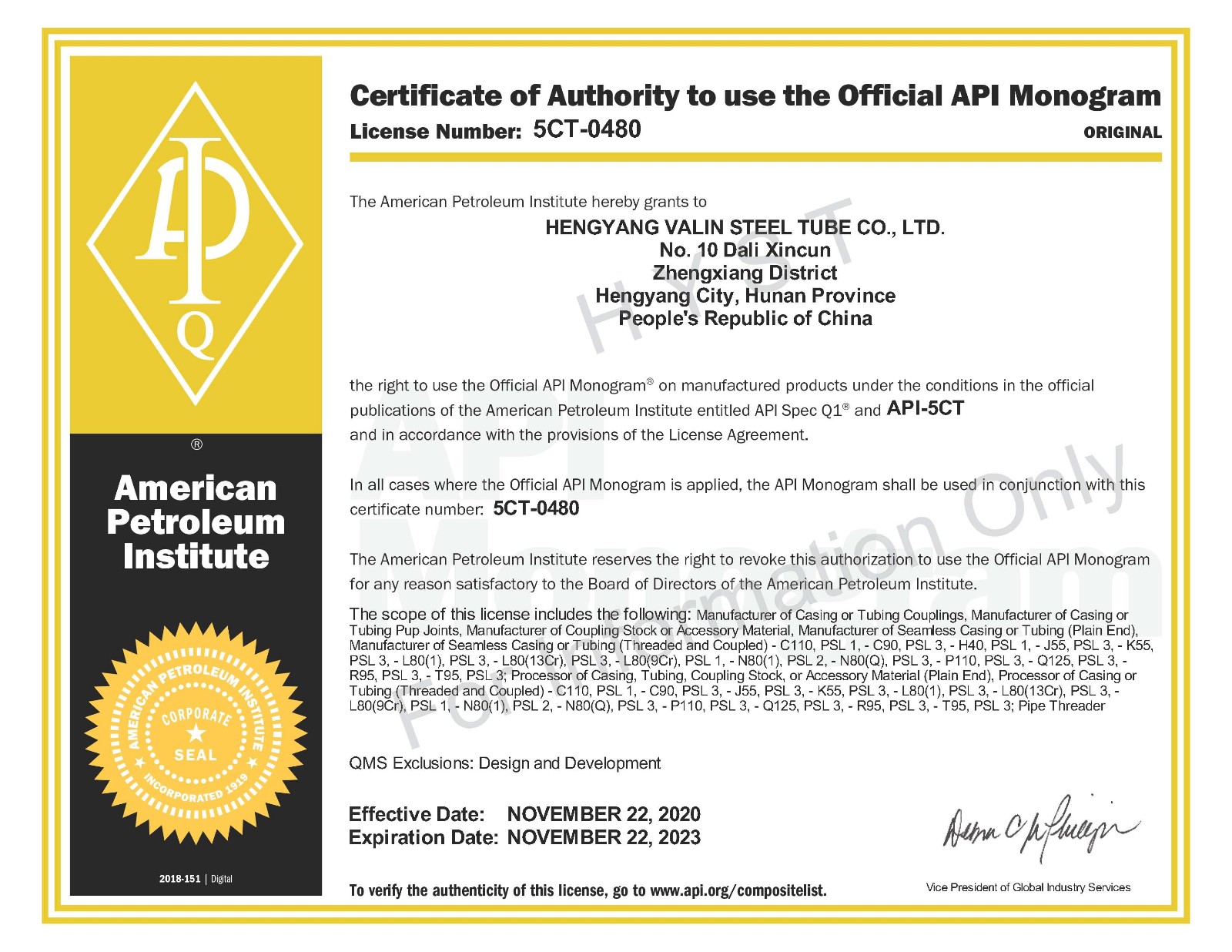 API 5CT Certificate hysteeltube
